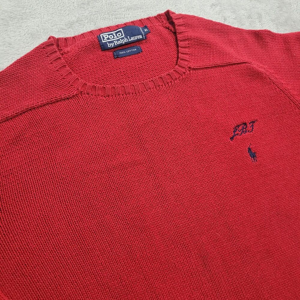 Vintage Polo By Ralph Lauren Sweater Mens XL Red Crew Neck Cotton Knit Logo